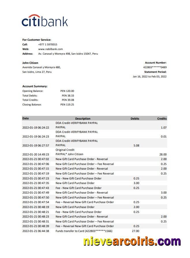 Peru Citibank bank statement Excel and PDF